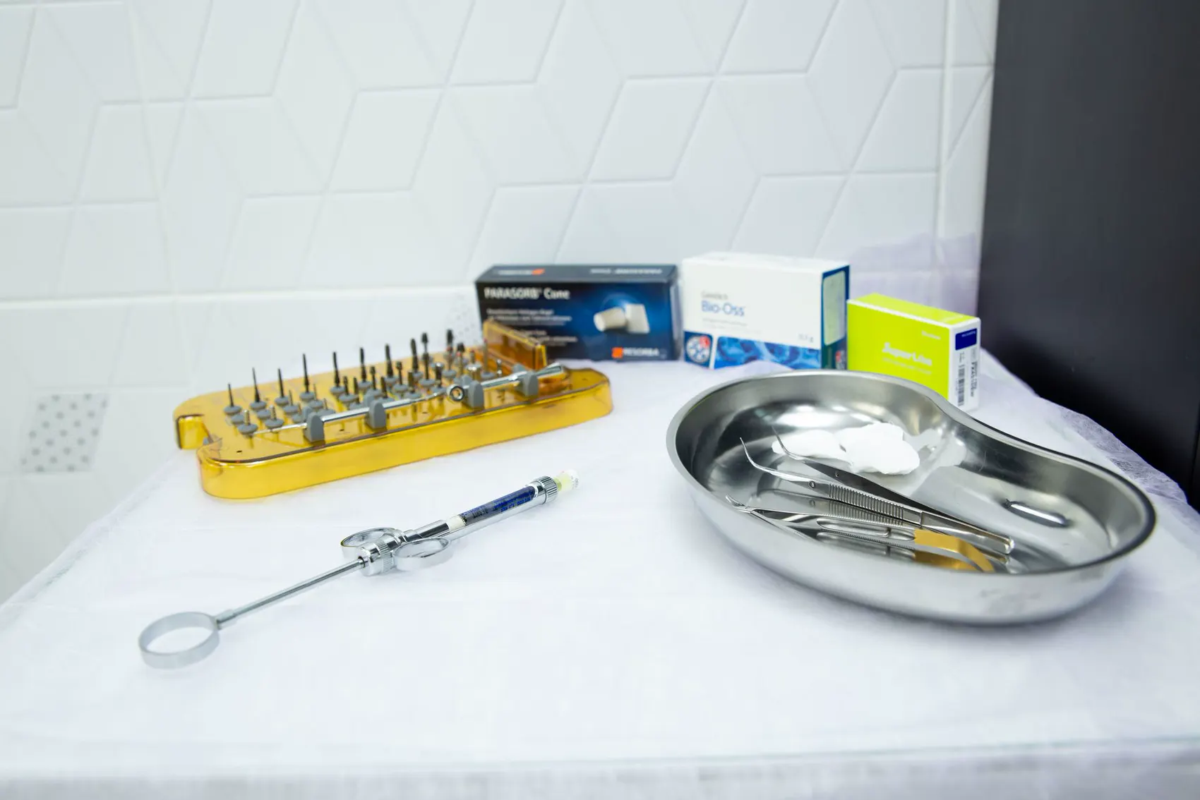 The dressing room: sterile instruments laid out on a tray